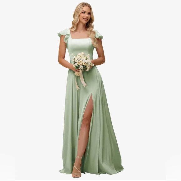 NWT Elegant 8 sage Green Evening Gown lace up back slit bridesmaids formal - Picture 1 of 9